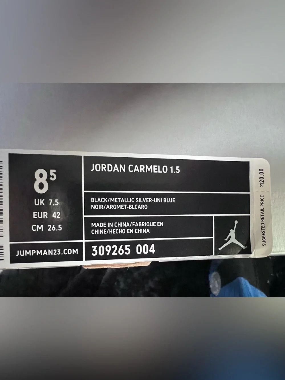 OG Nike Air Jordan Melo 1.5 Black University Blue Carmelo Anthony Size 8.5 w/Box